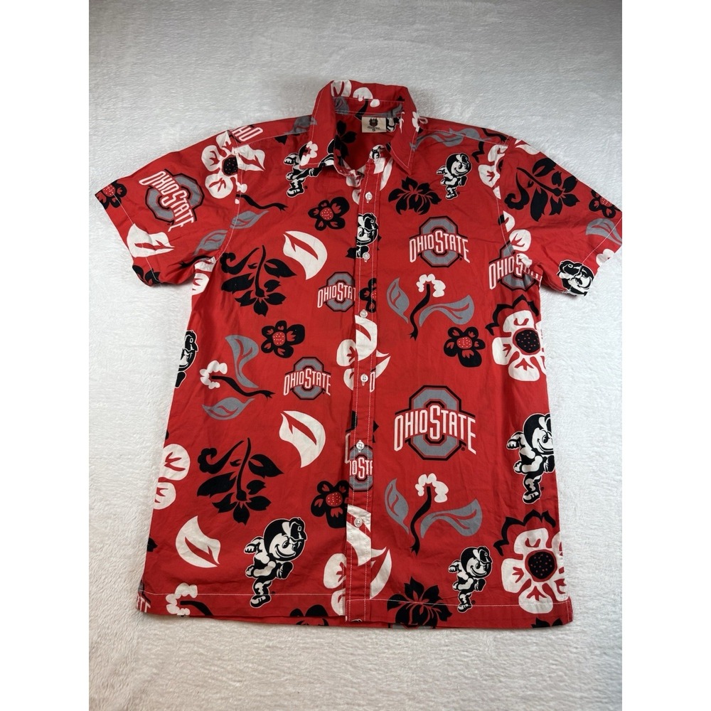 Wes & Willy Hawaiian Shirt Mens Small Red Ohio State Buckeyes Floral Vacation‎